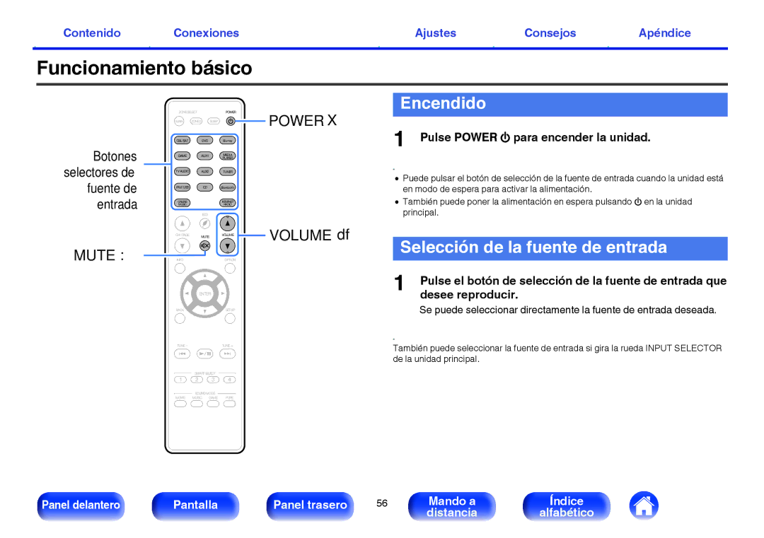 Marantz NR1605 manual Funcionamiento básico, Encendido, Selección de la fuente de entrada, Volume df 