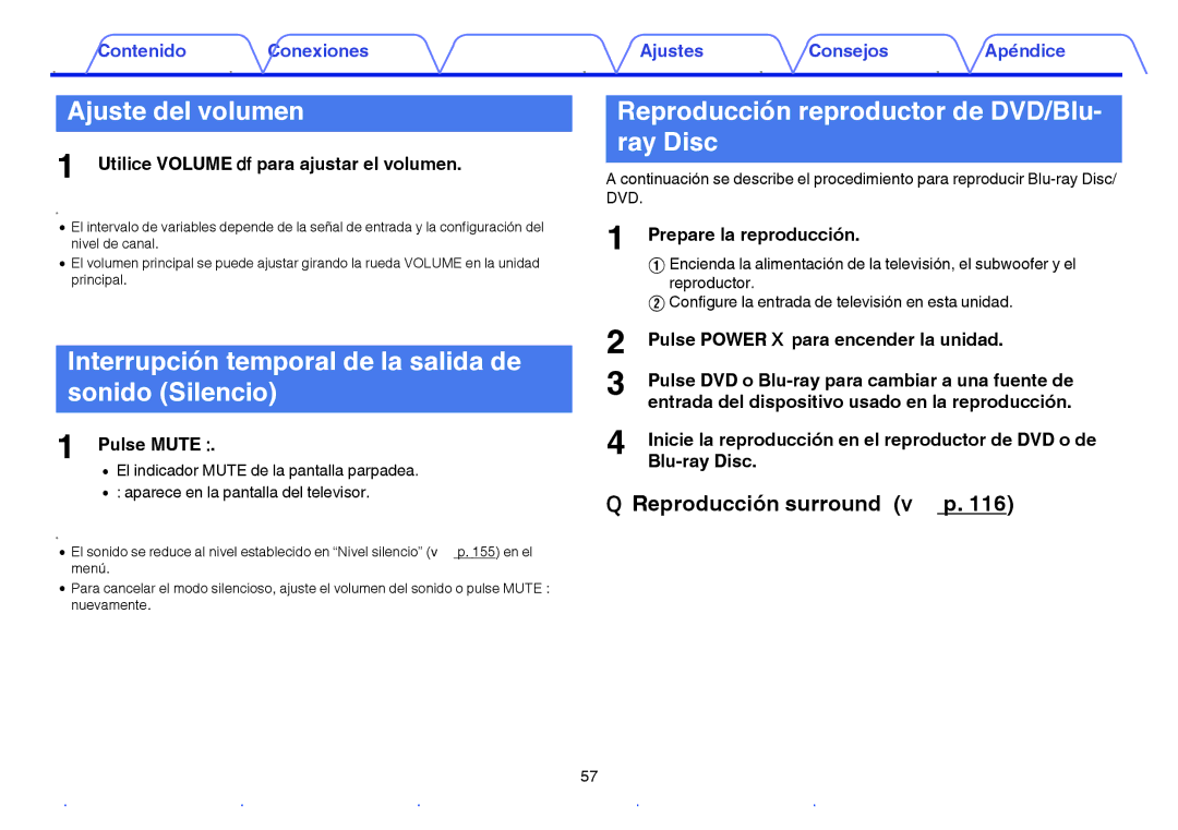 Marantz NR1605 manual Ajuste del volumen, Reproducción reproductor de DVD/Blu- ray Disc, Reproducción surround v p 