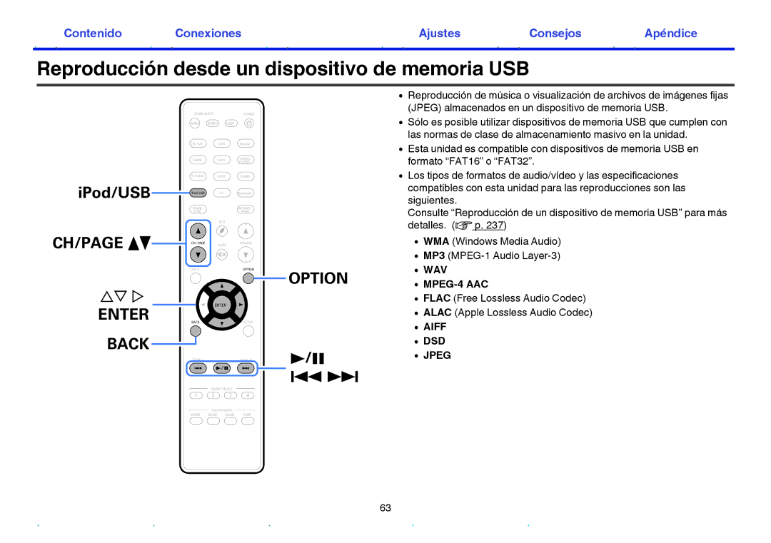 Marantz NR1605 manual Reproducción desde un dispositivo de memoria USB, WAV MPEG-4 AAC, Aiff DSD Jpeg 