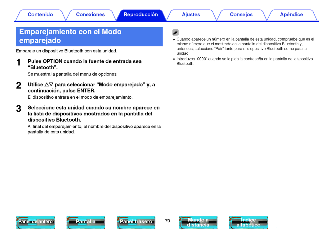Marantz NR1605 manual Emparejamiento con el Modo emparejado, Pulse Option cuando la fuente de entrada sea Bluetooth 