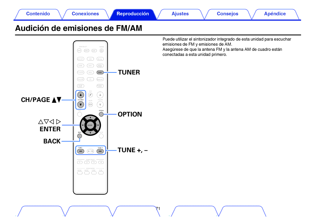 Marantz NR1605 manual Audición de emisiones de FM/AM, Tuner 