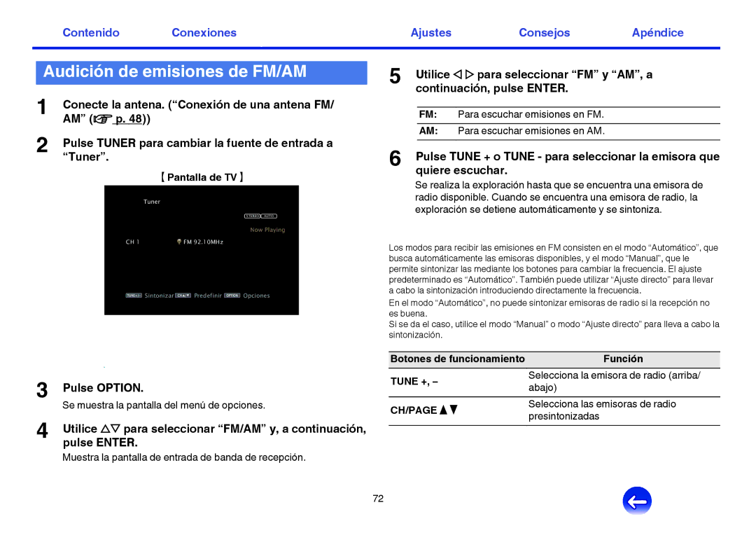 Marantz NR1605 manual Audición de emisiones de FM/AM, Pantalla de TV H, Tune + 