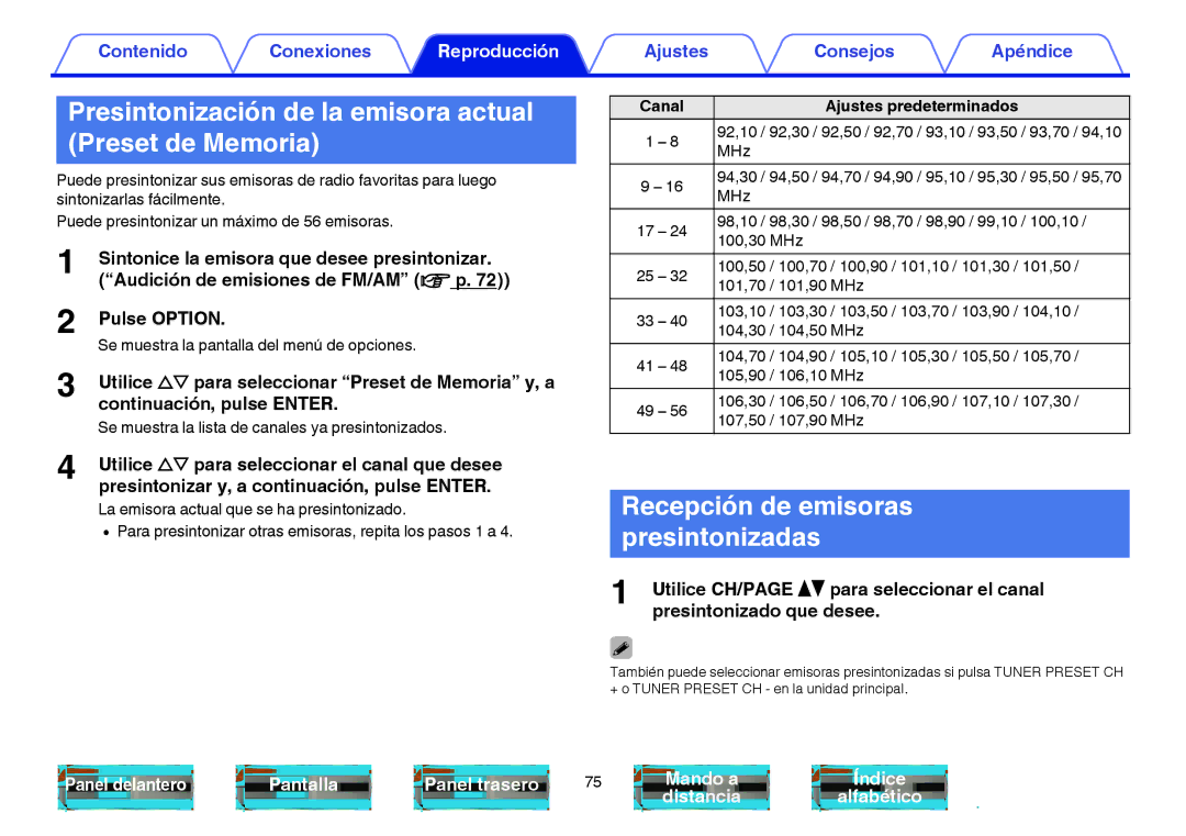 Marantz NR1605 manual Presintonización de la emisora actual Preset de Memoria, Recepción de emisoras presintonizadas 