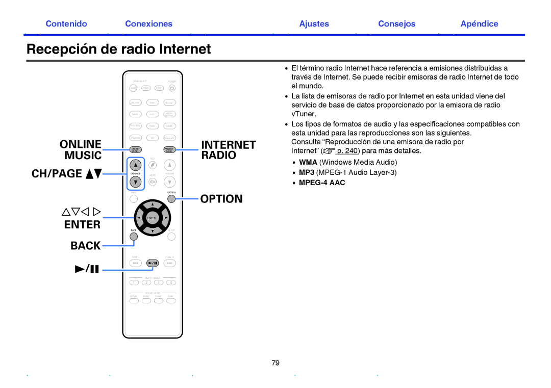 Marantz NR1605 manual Recepción de radio Internet, Internet Radio Option 