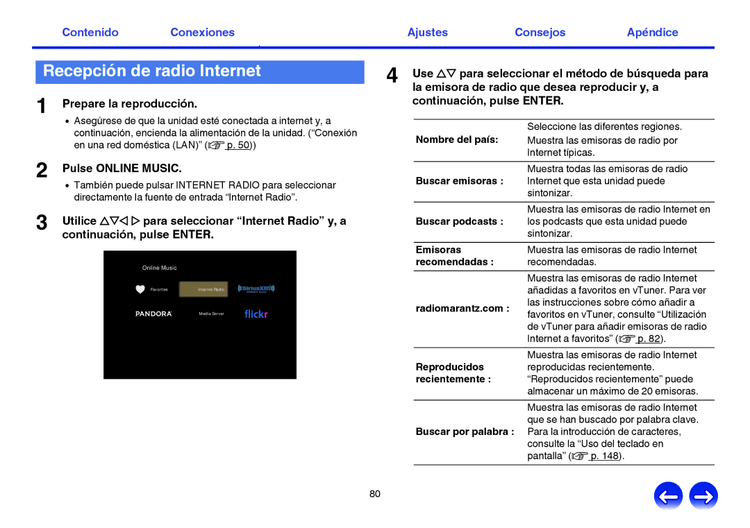 Marantz NR1605 manual Recepción de radio Internet, Pulse Online Music 