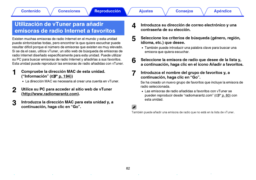 Marantz NR1605 manual Utilización de vTuner para añadir, Emisoras de radio Internet a favoritos 