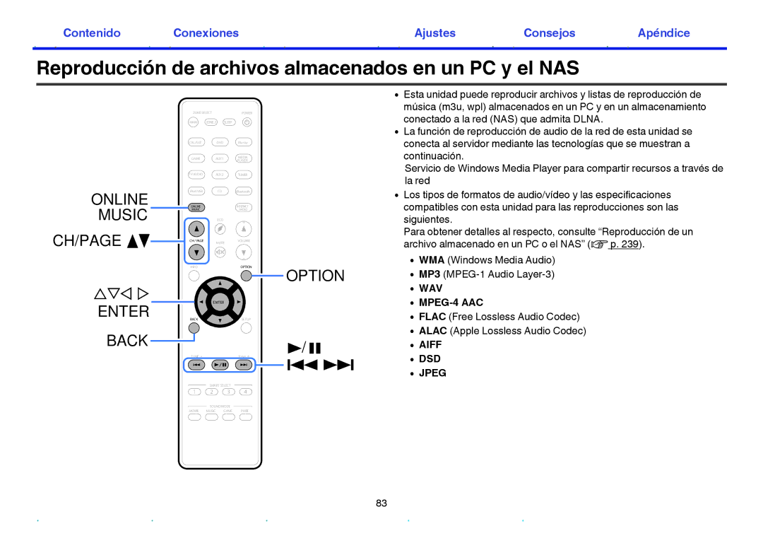 Marantz NR1605 manual Reproducción de archivos almacenados en un PC y el NAS, WAV MPEG-4 AAC 