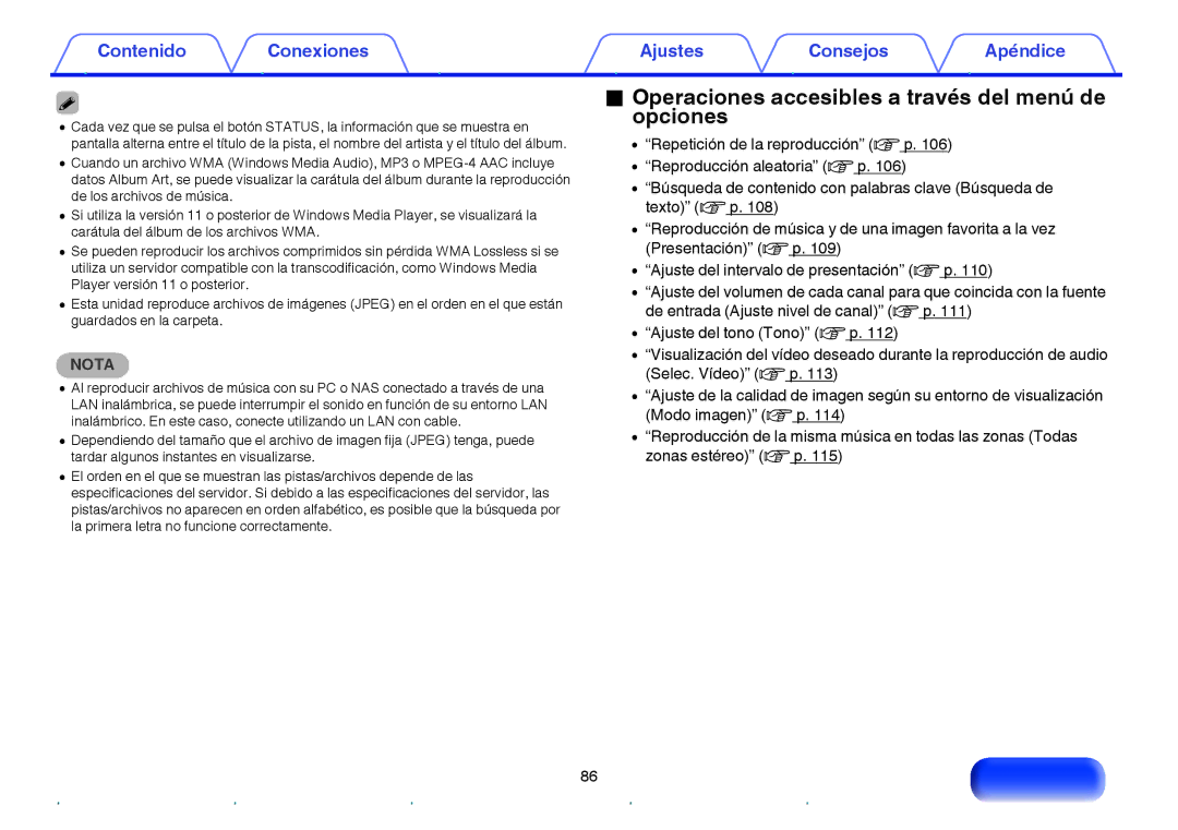 Marantz NR1605 manual Operaciones accesibles a través del menú de opciones 