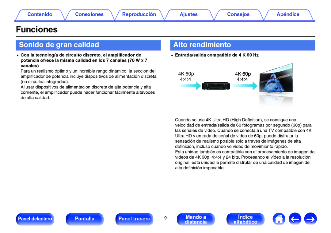 Marantz NR1605 manual Funciones, Sonido de gran calidad, Alto rendimiento, Entrada/salida compatible de 4 K 60 Hz, 4K 60p 