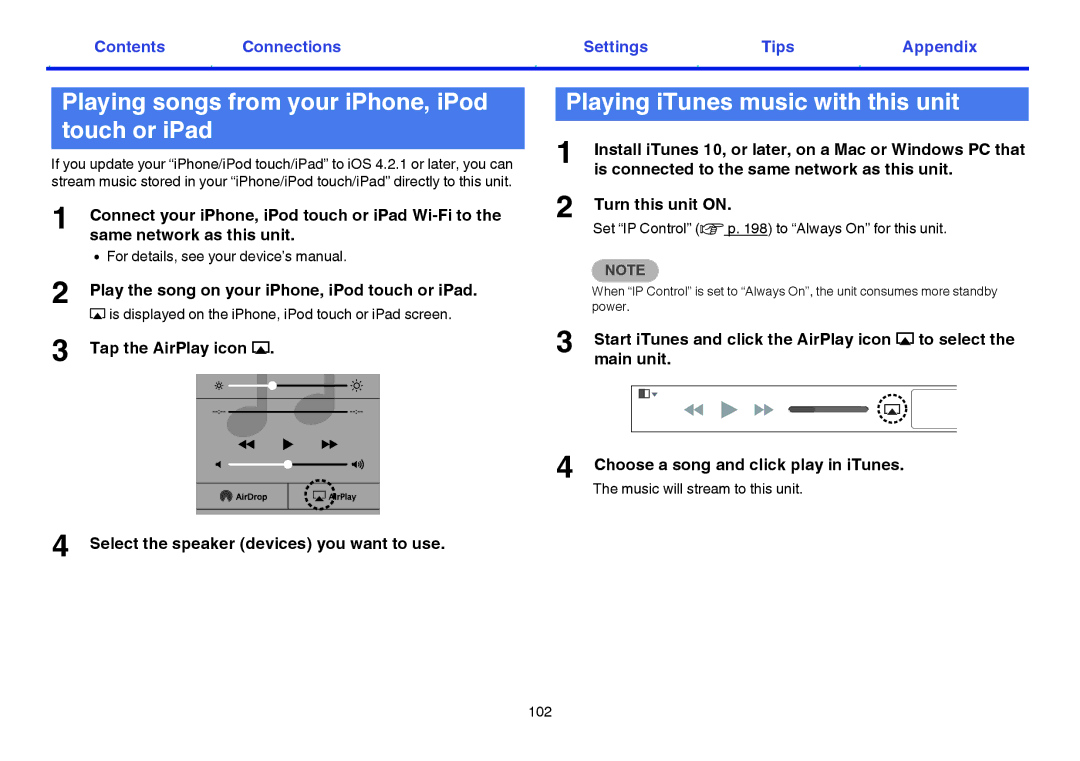 Marantz NR1605 owner manual Playing songs from your iPhone, iPod touch or iPad, Playing iTunes music with this unit 