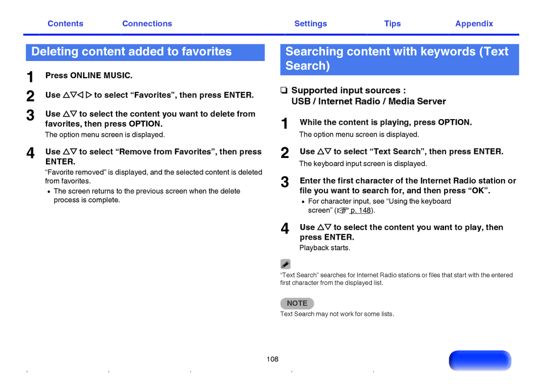 Marantz NR1605 owner manual Deleting content added to favorites, Searching content with keywords Text Search 