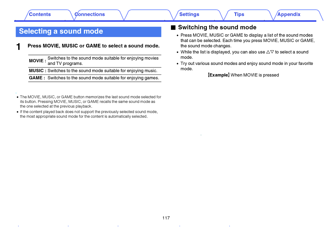 Marantz NR1605 Selecting a sound mode, Switching the sound mode, Press MOVIE, Music or Game to select a sound mode 