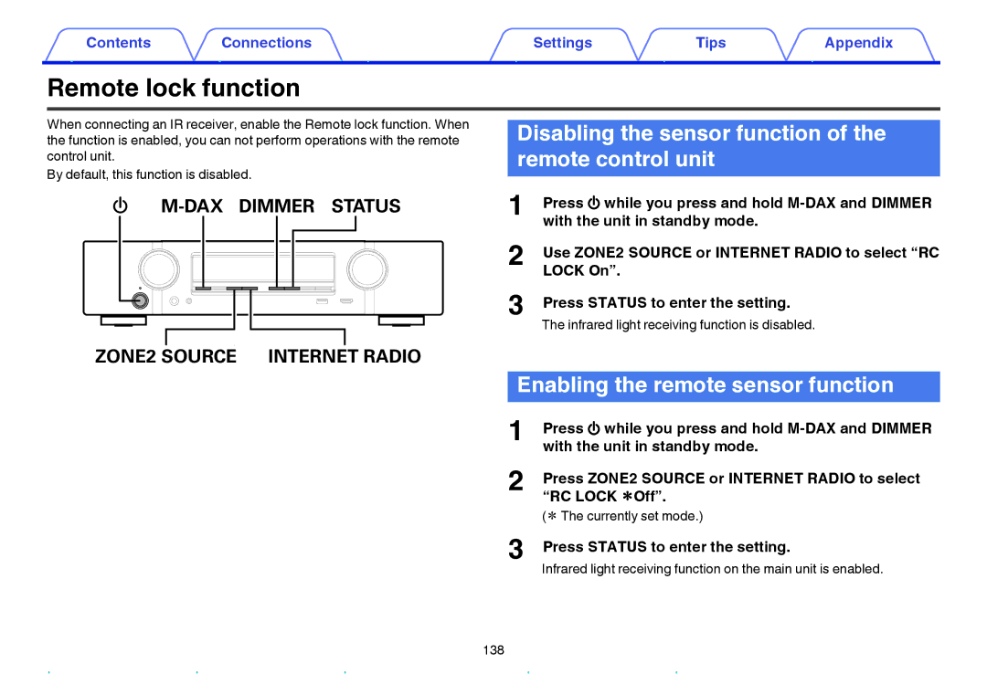 Marantz NR1605 owner manual Remote lock function, Disabling the sensor function of the remote control unit, RC Lock zOff 