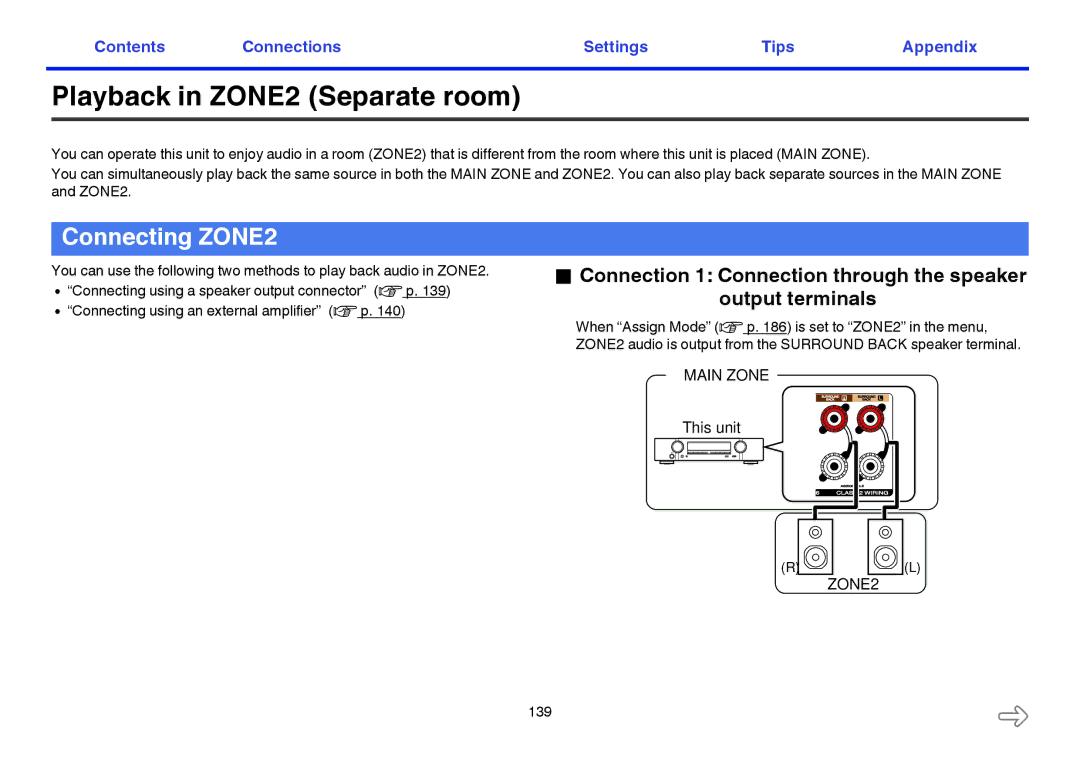 Marantz NR1605 owner manual Playback in ZONE2 Separate room, Connecting ZONE2 