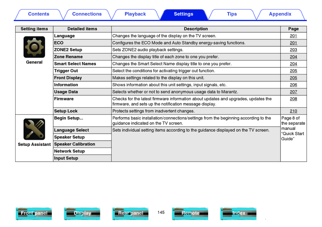 Marantz NR1605 owner manual Eco, 206, Speaker Calibration Network Setup Input Setup 