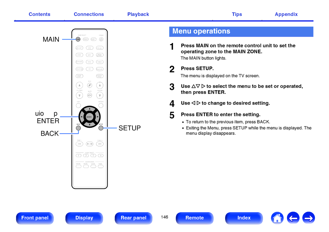 Marantz NR1605 owner manual Menu operations, Press Setup, Main button lights, Menu is displayed on the TV screen 