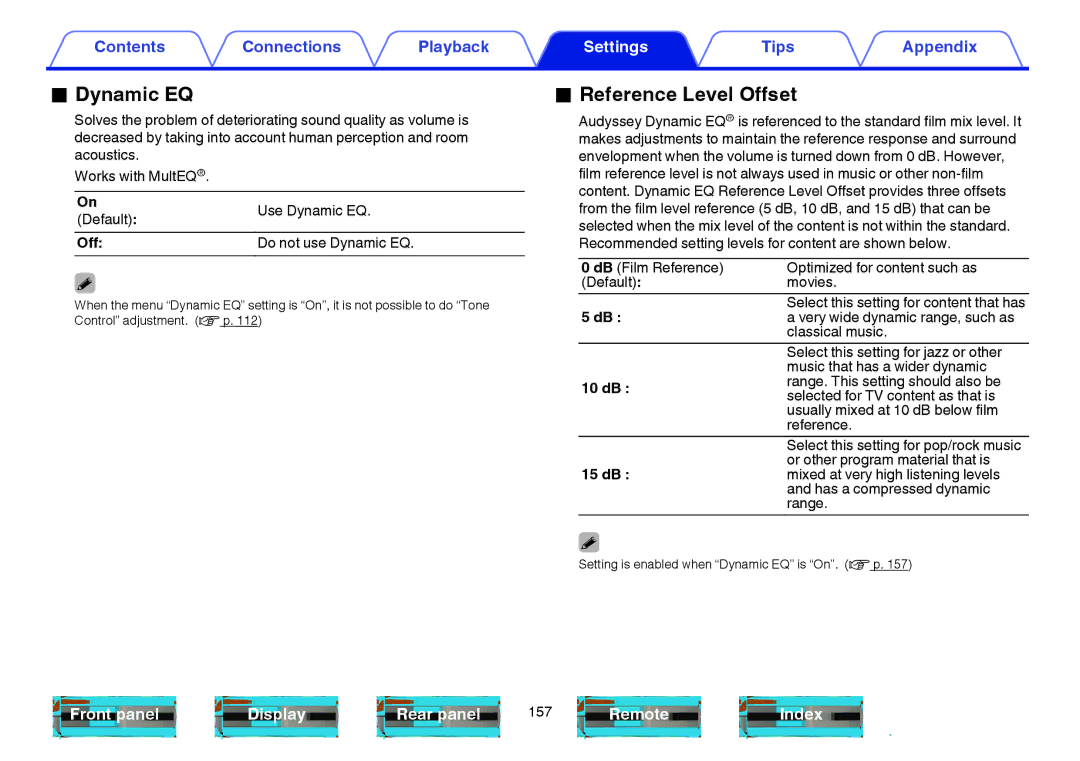 Marantz NR1605 owner manual Dynamic EQ, Reference Level Offset 