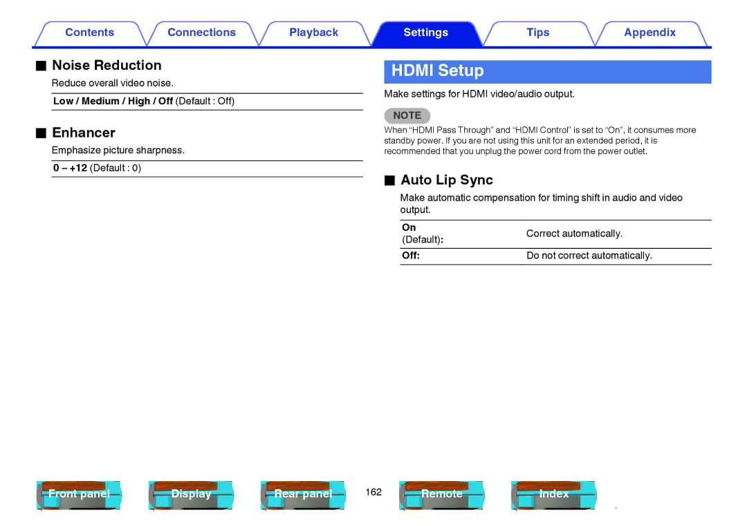 Marantz NR1605 owner manual Hdmi Setup, Noise Reduction, Enhancer, Auto Lip Sync 