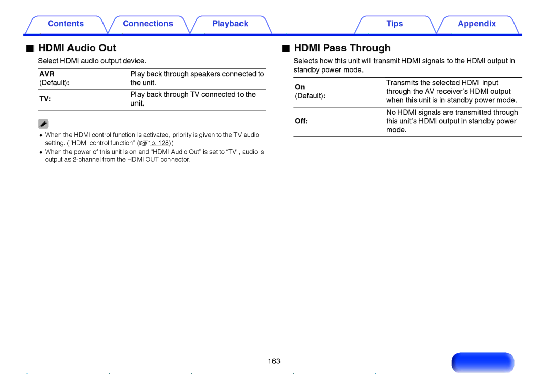 Marantz NR1605 owner manual Hdmi Audio Out, Hdmi Pass Through, Avr 