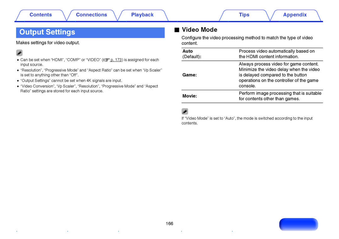 Marantz NR1605 owner manual Output Settings, Video Mode, Game 