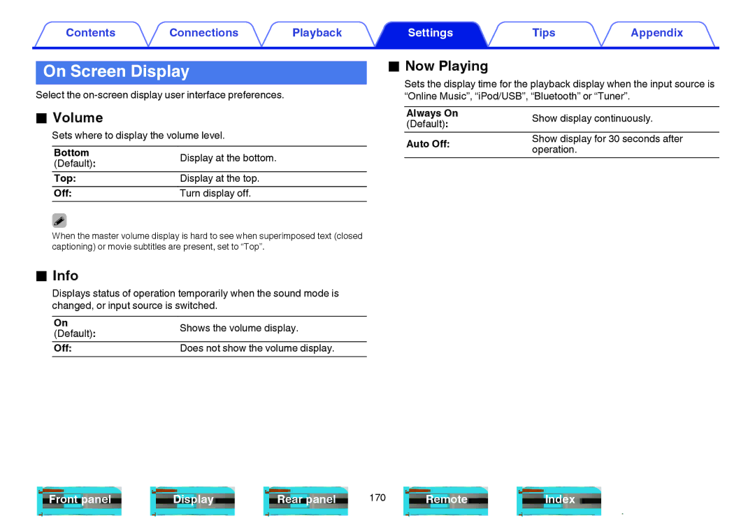 Marantz NR1605 owner manual On Screen Display, Volume, Info, Now Playing 