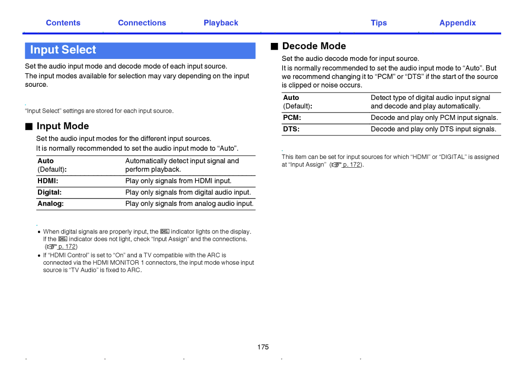 Marantz NR1605 owner manual Input Select, Input Mode, Decode Mode, Pcm, Dts 