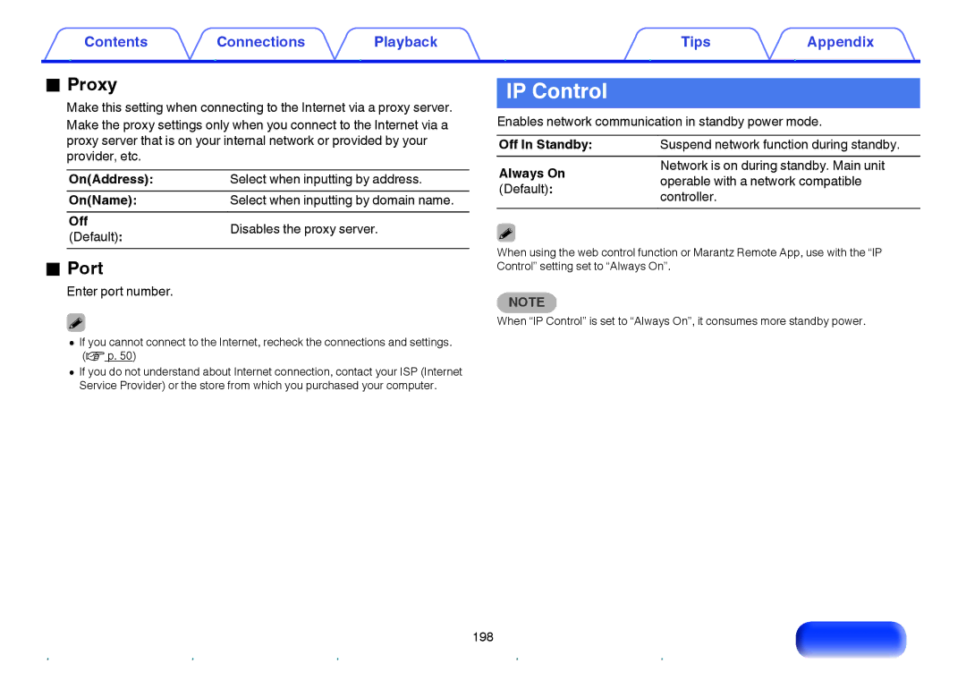 Marantz NR1605 owner manual IP Control, Proxy, Port, Off In Standby 