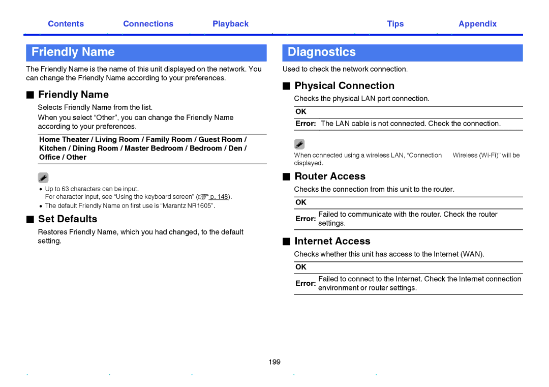 Marantz NR1605 owner manual Friendly Name, Diagnostics 