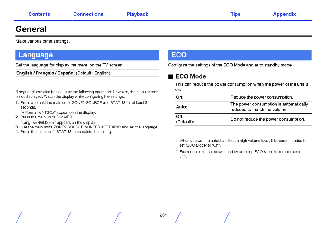 Marantz NR1605 owner manual General, Language, ECO Mode 