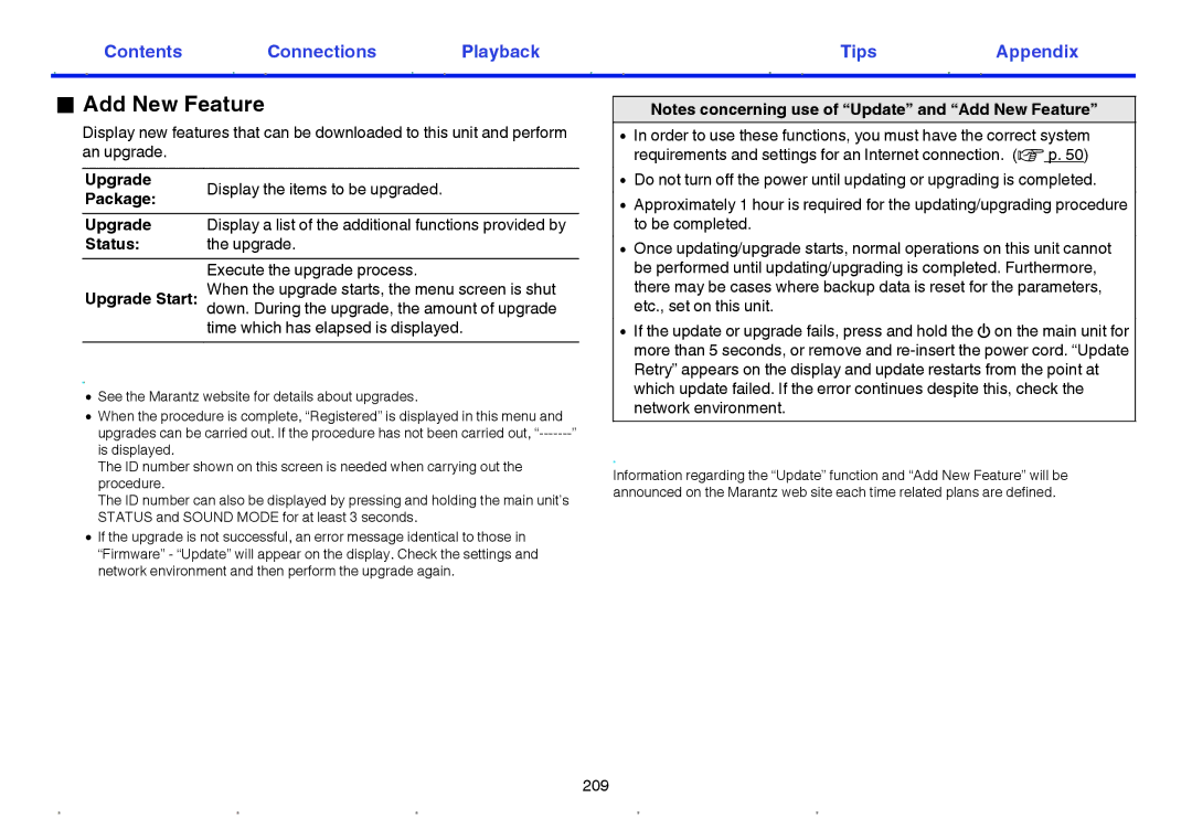 Marantz NR1605 owner manual Add New Feature, Upgrade Display the items to be upgraded Package, Status Upgrade 