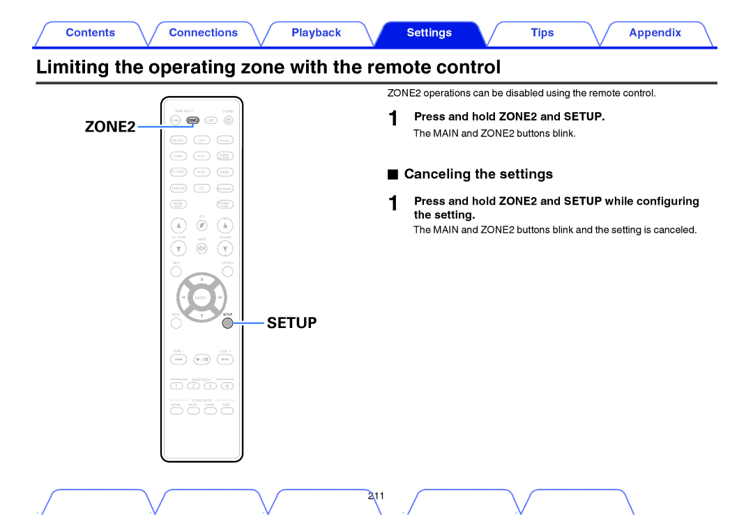 Marantz NR1605 Limiting the operating zone with the remote control, Canceling the settings, Press and hold ZONE2 and Setup 