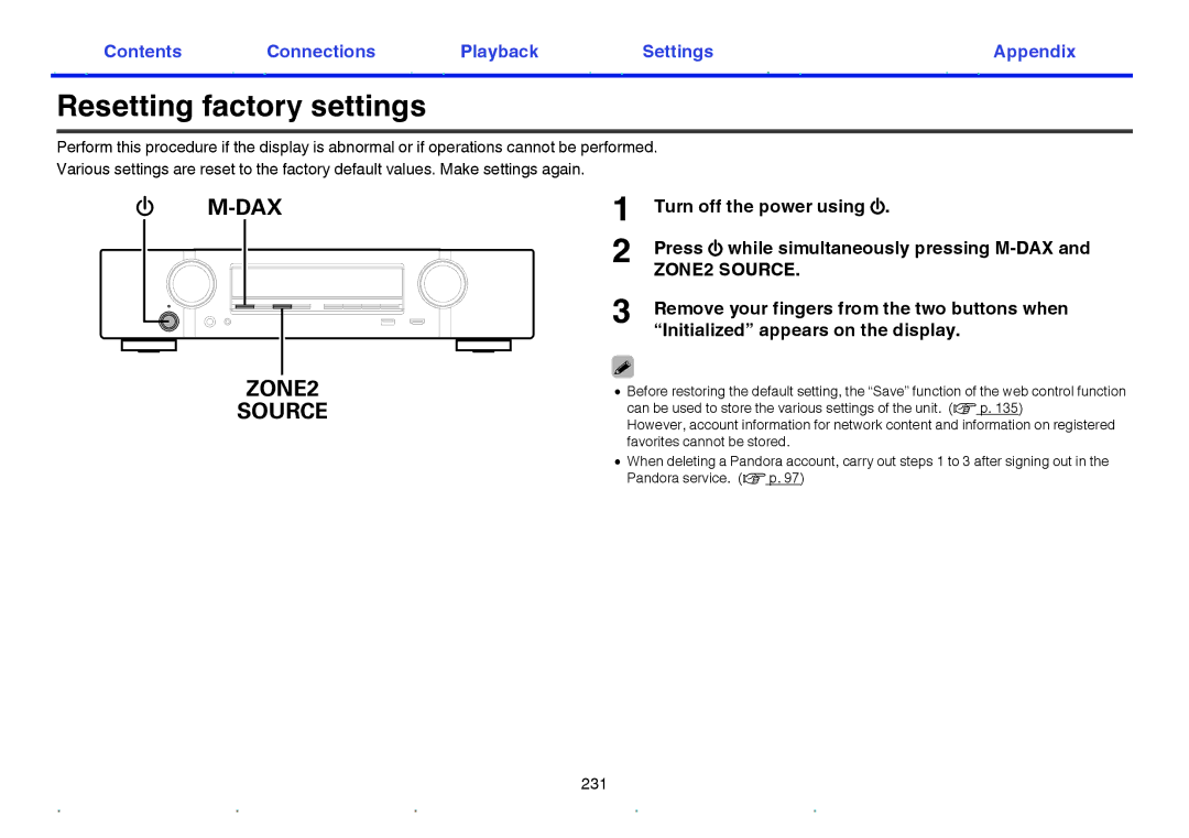 Marantz NR1605 owner manual Resetting factory settings, DAX ZONE2 Source 