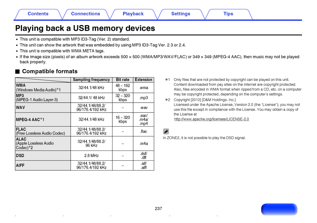 Marantz NR1605 owner manual Playing back a USB memory devices, Compatible formats 