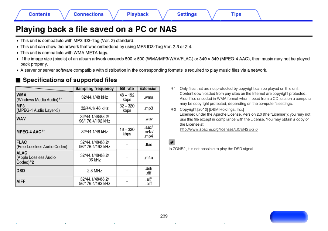 Marantz NR1605 Playing back a file saved on a PC or NAS, Specifications of supported files, 32/44.1/48 kHz Aac, Mp4 