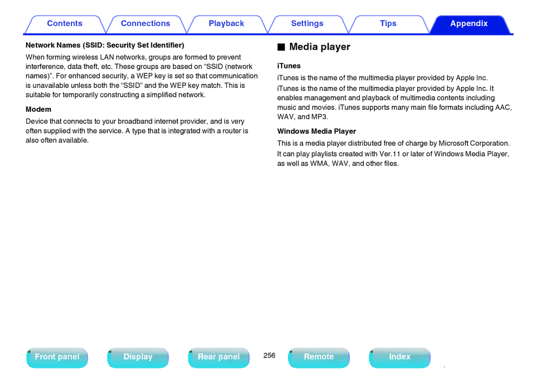 Marantz NR1605 owner manual Media player, Network Names Ssid Security Set Identifier, Modem, ITunes, Windows Media Player 