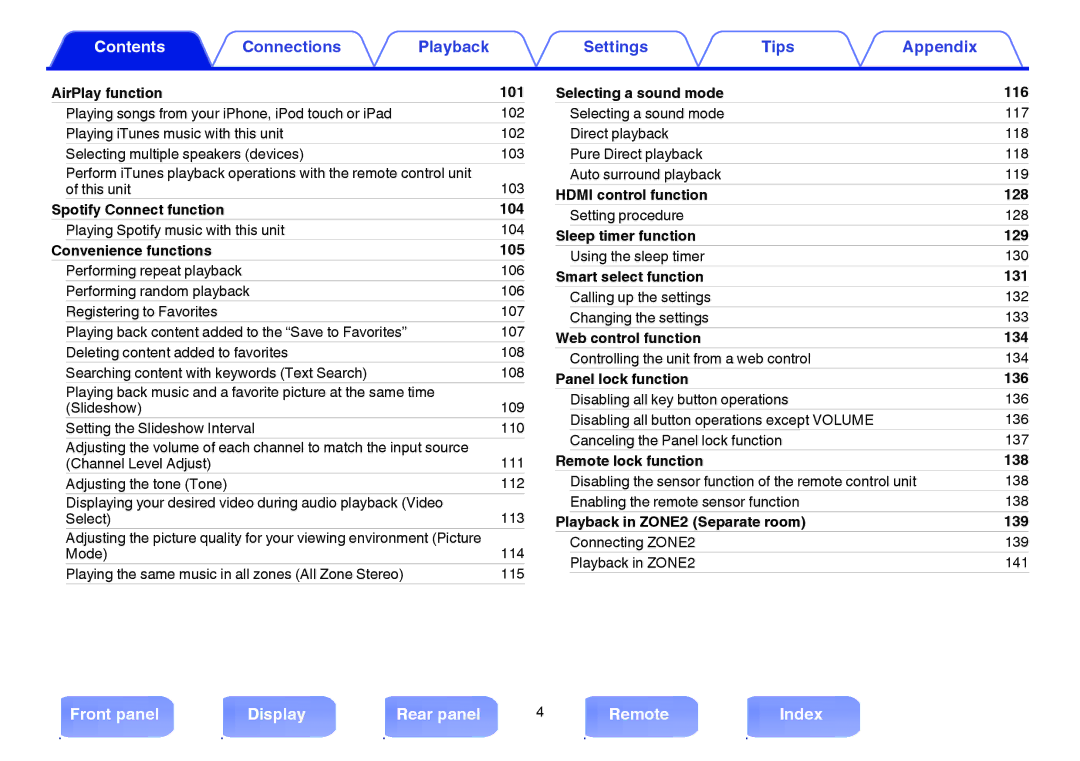 Marantz NR1605 AirPlay function 101, Spotify Connect function 104, Convenience functions 105, Selecting a sound mode 116 