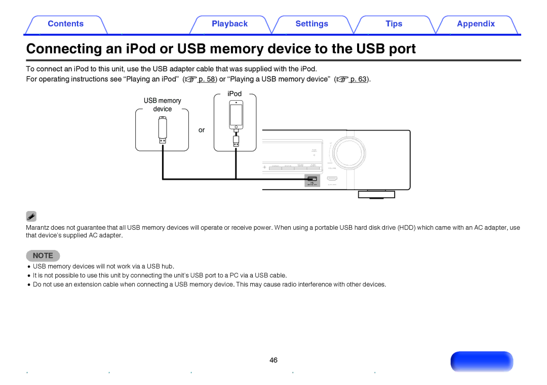 Marantz NR1605 owner manual Connecting an iPod or USB memory device to the USB port, USB memory Device IPod 