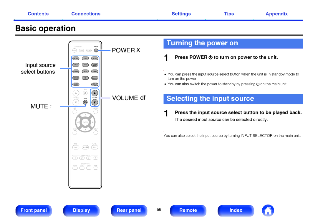 Marantz NR1605 owner manual Basic operation, Turning the power on, Selecting the input source, Volume df 