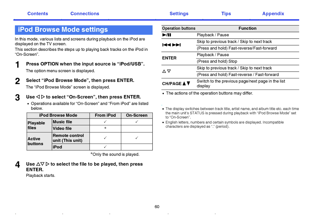 Marantz NR1605 owner manual IPod Browse Mode settings, Press Option when the input source is iPod/USB 