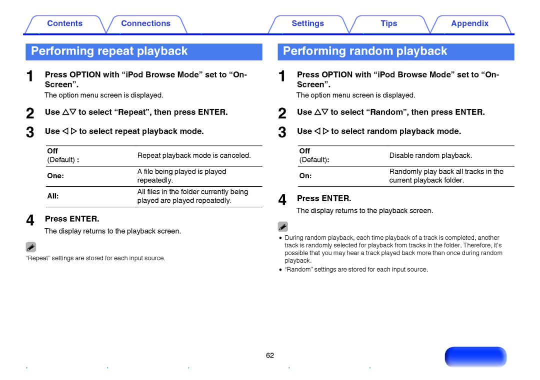 Marantz NR1605 owner manual Performing repeat playback, Performing random playback, Press Enter 