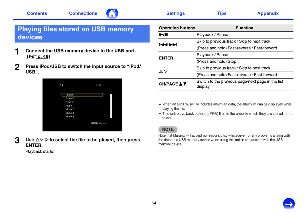 Marantz NR1605 owner manual Playing files stored on USB memory devices, Playback / Pause 