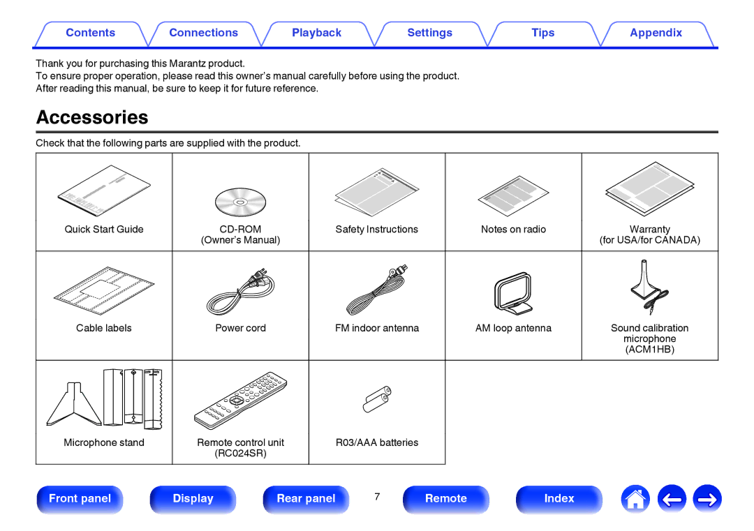 Marantz NR1605 owner manual Accessories, Check that the following parts are supplied with the product 