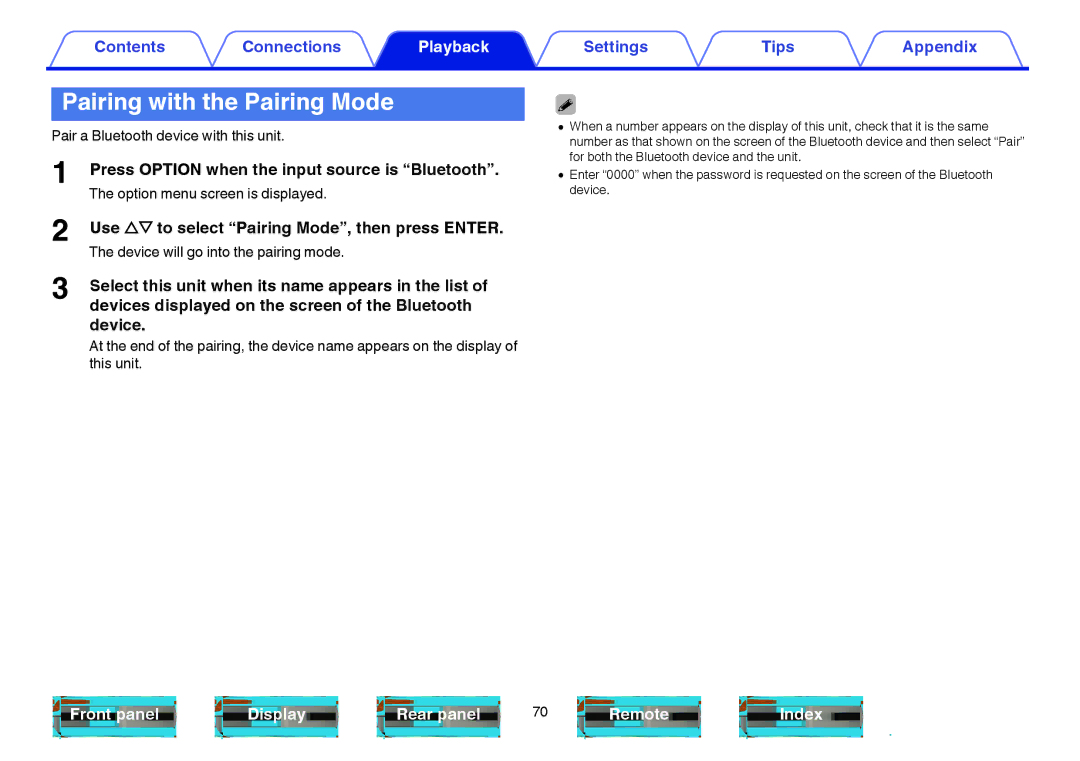 Marantz NR1605 owner manual Pairing with the Pairing Mode, Press Option when the input source is Bluetooth 