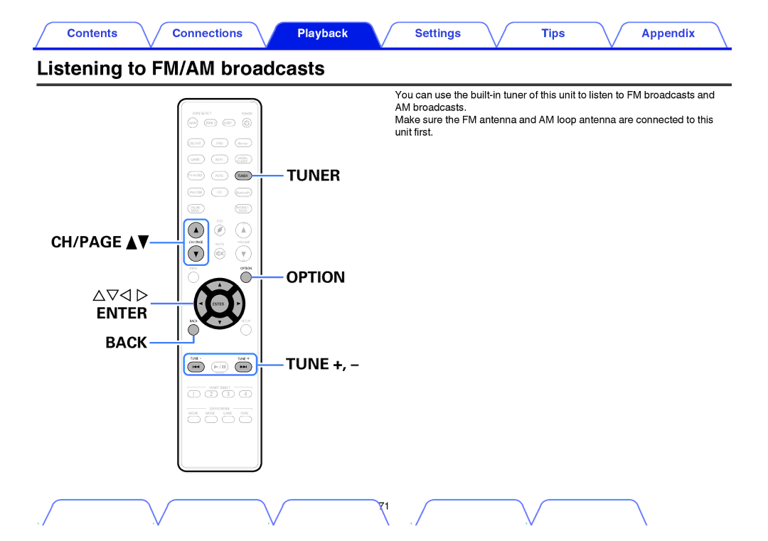 Marantz NR1605 owner manual Listening to FM/AM broadcasts, Tuner 