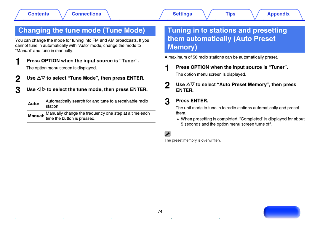 Marantz NR1605 owner manual Changing the tune mode Tune Mode, Use ui to select Auto Preset Memory, then press 