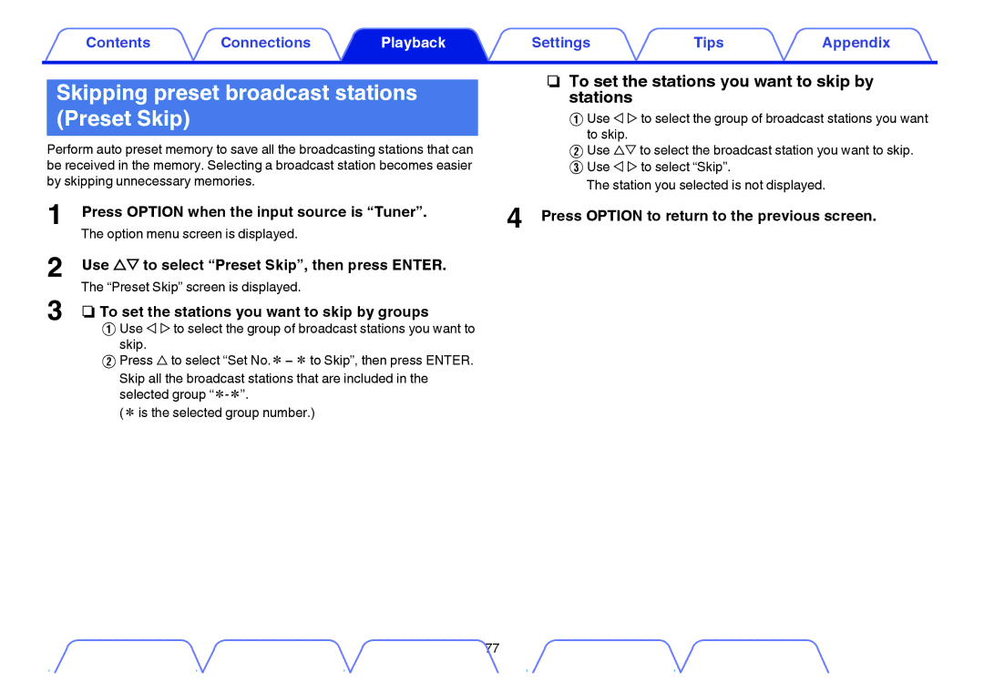 Marantz NR1605 owner manual Skipping preset broadcast stations Preset Skip, Use ui to select Preset Skip, then press Enter 