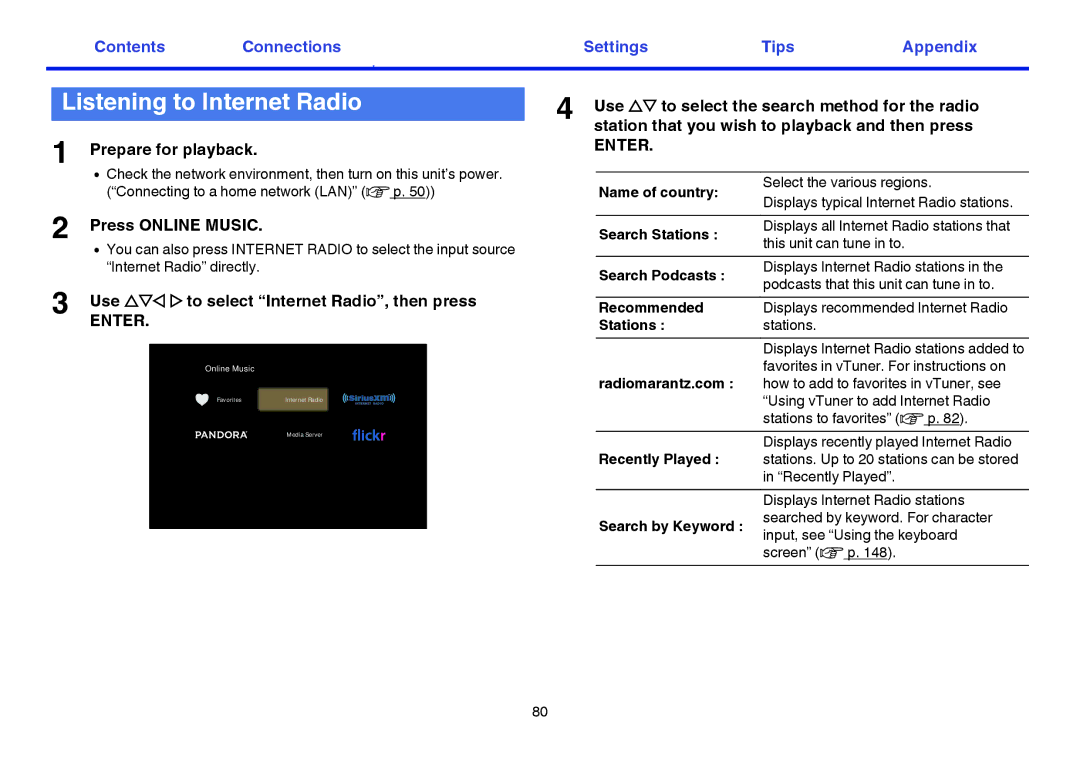 Marantz NR1605 owner manual Listening to Internet Radio, Press Online Music, Use uio p to select Internet Radio, then press 