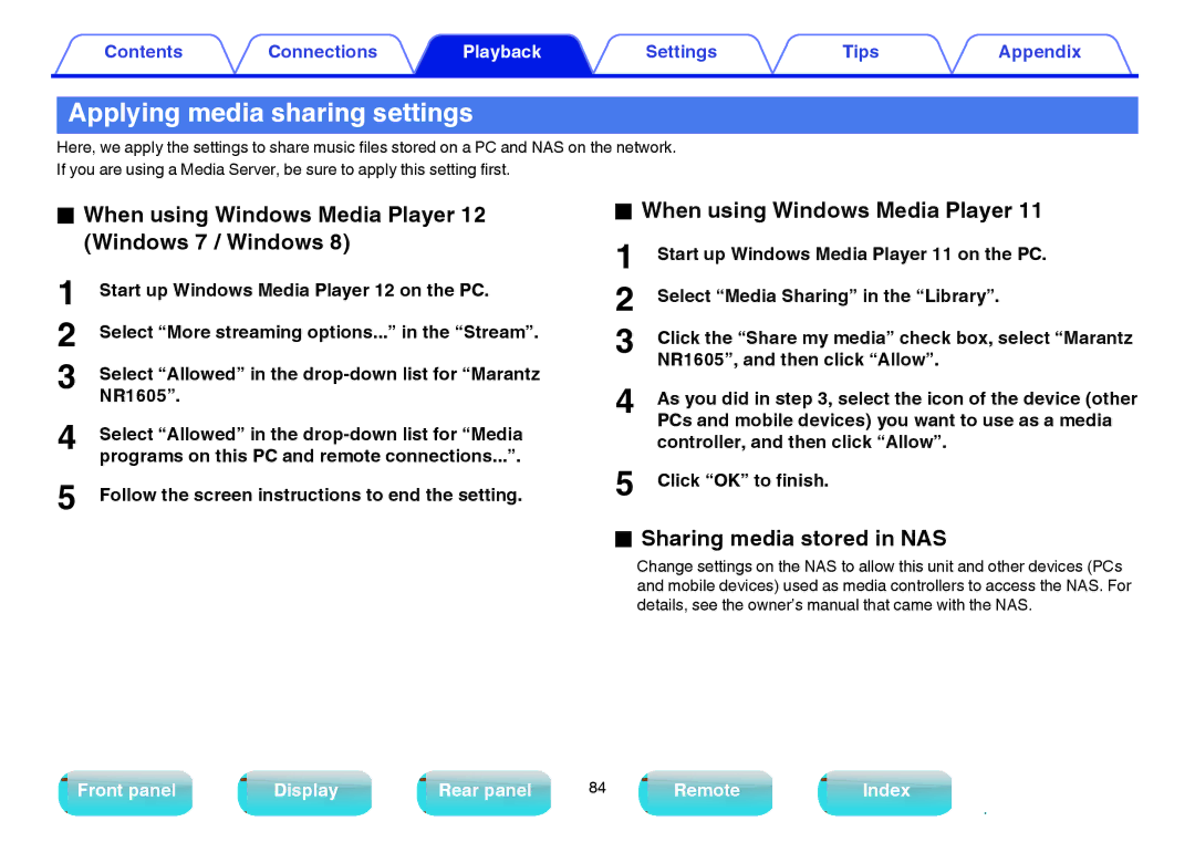 Marantz NR1605 owner manual Applying media sharing settings, When using Windows Media Player 12 Windows 7 / Windows 