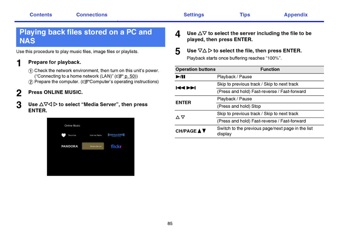 Marantz NR1605 owner manual Playing back files stored on a PC, Nas 