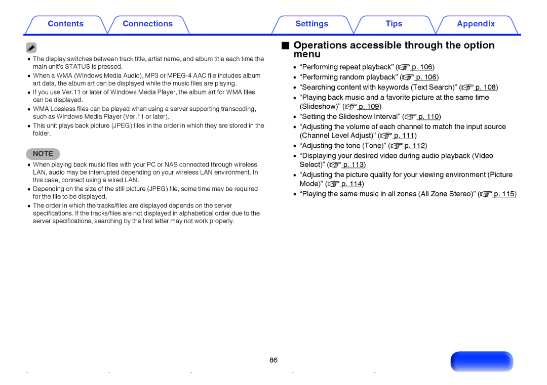 Marantz NR1605 owner manual Operations accessible through the option menu 